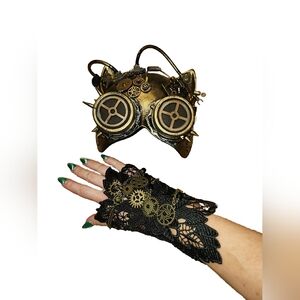 Steampunk Gold Cat Mask Goggles and Lace Glove Set